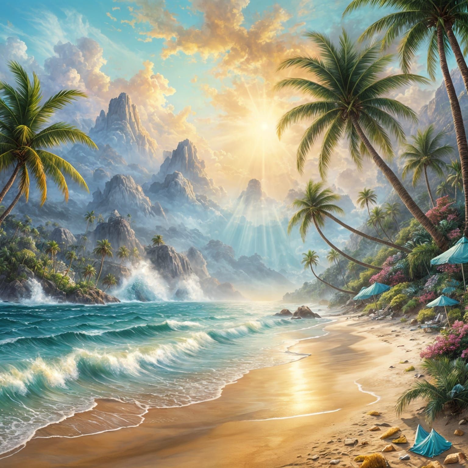 Ethereal Beach Scene with Palm Trees and Coconut Drink