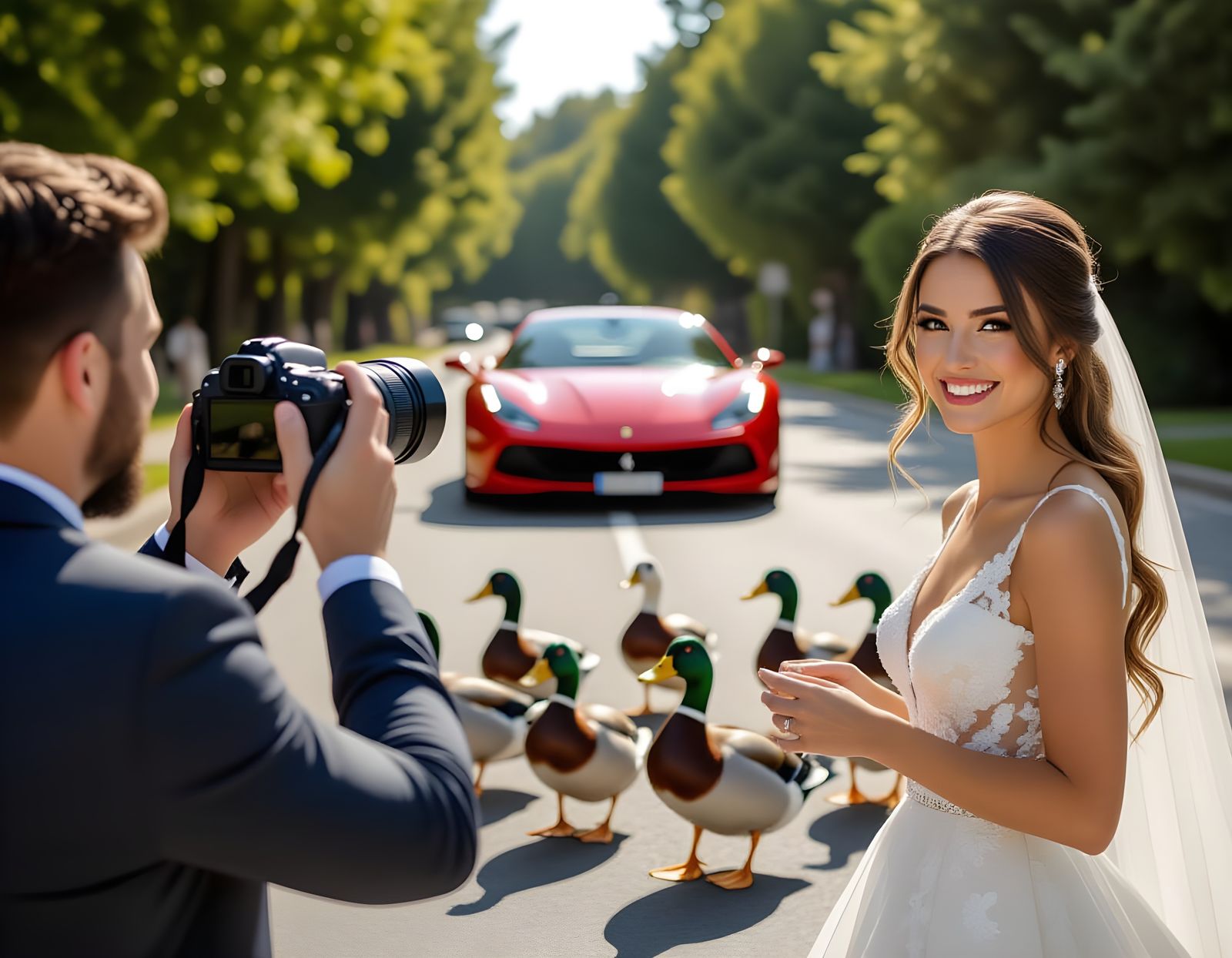 Funny Duck Photobomb at Wedding with Ferrari
