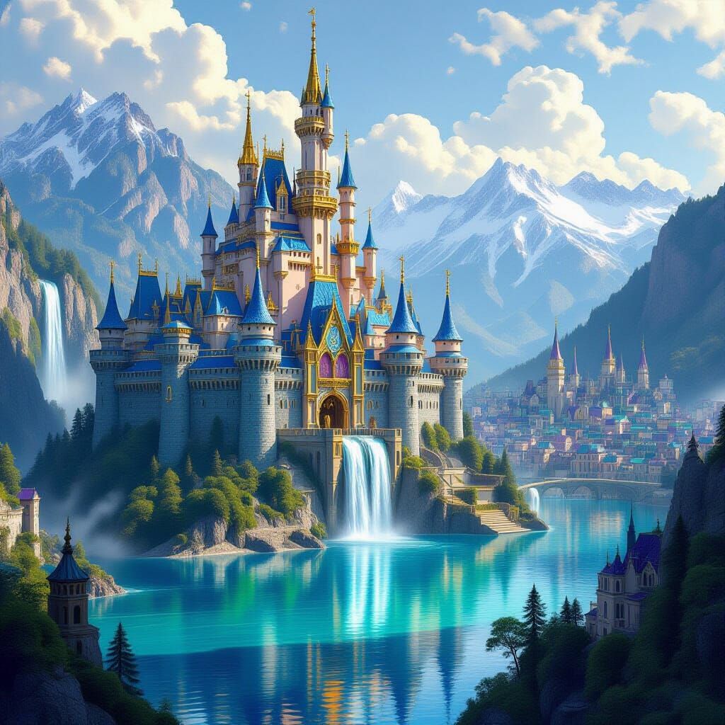 Fantasy Castle with Colorful Waterfalls in Romanticism Style