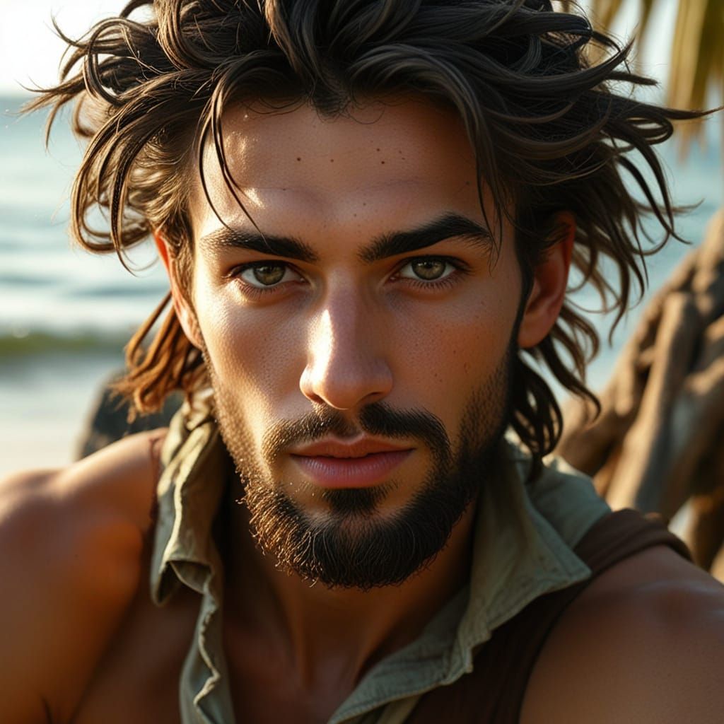 Rugged French Castaway in Exotic Island Setting