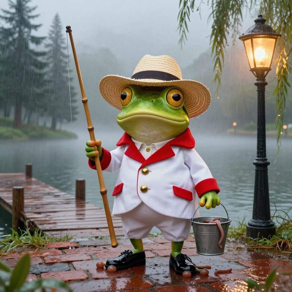 Whimsical Frog Fishing in Misty Rainstorm