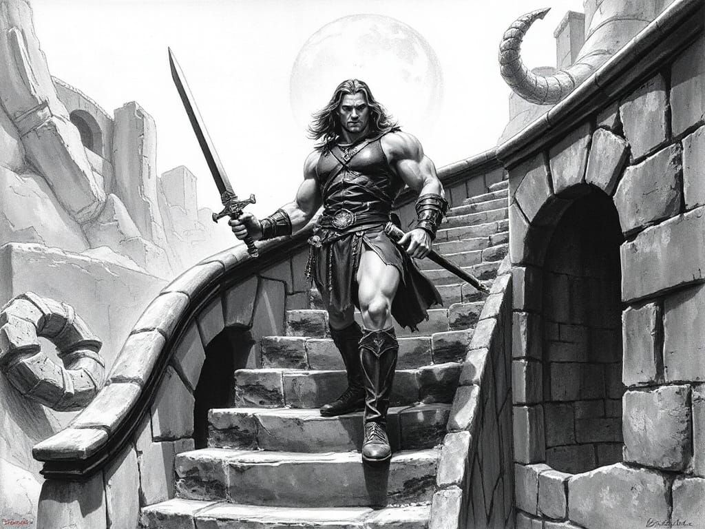 Warrior on Mystical Staircase in Fantasy Realism Style