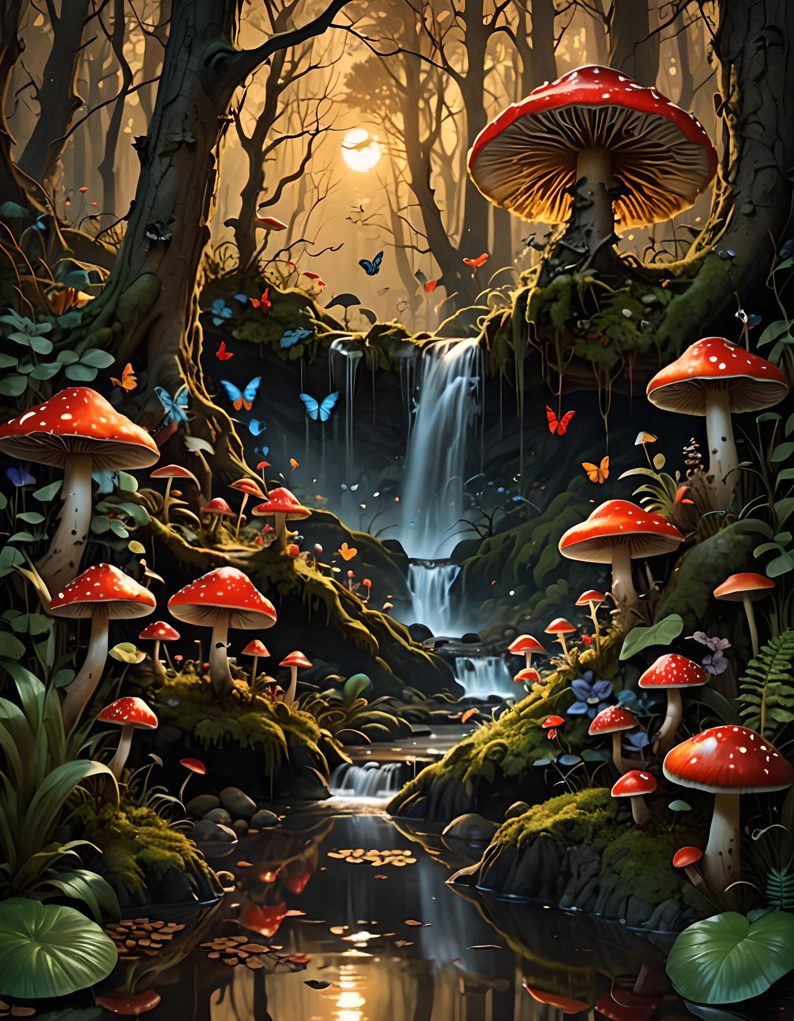 Eerie Enchanted Forest with Glowing Waterfall