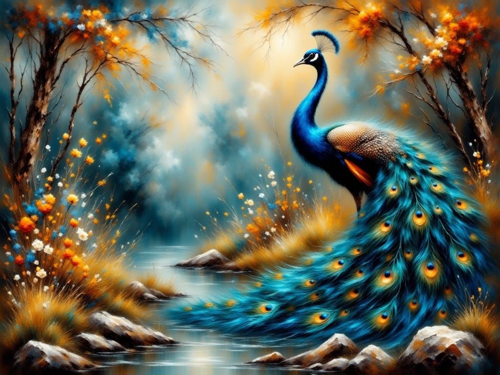 Glamorous Peacock in Whimsical Creekside Setting