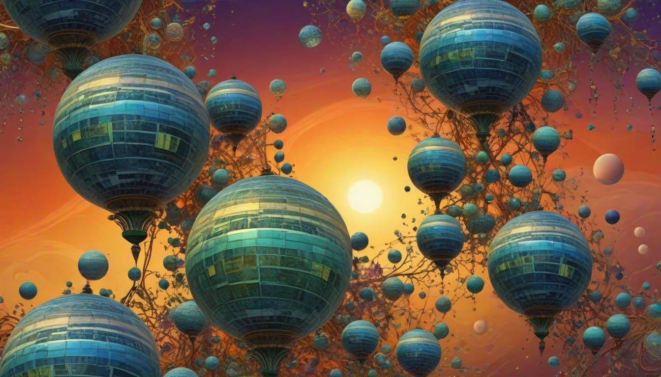 Elegant Fractal Cityscape with Swirling Orb Arrays