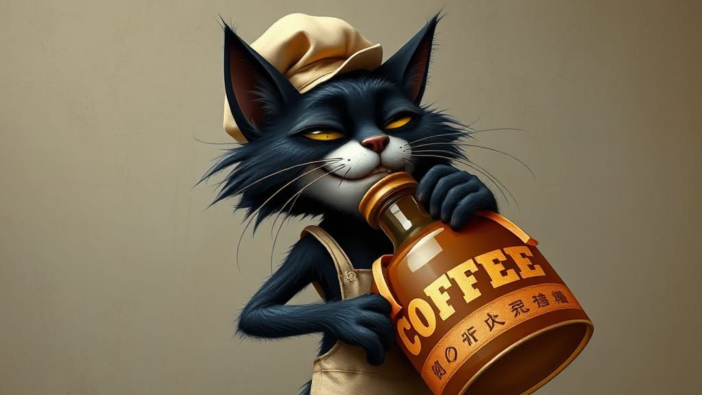 Whimsical Black Cat Sips Coffee in a Coffee Shop