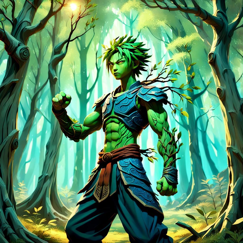 Willow Tree Fighter in Forest: 3D Anime Art