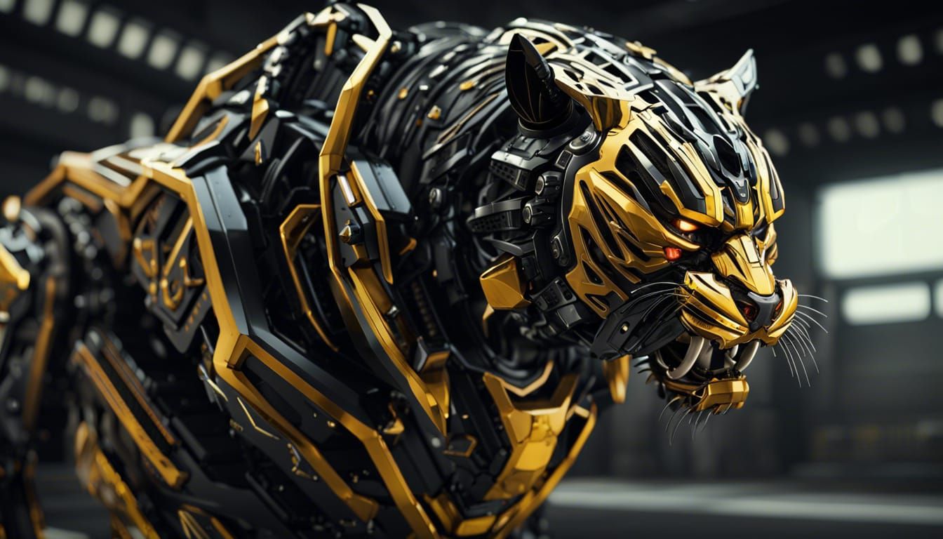 Futuristic Black and Yellow Cybernetic Tiger Roaring