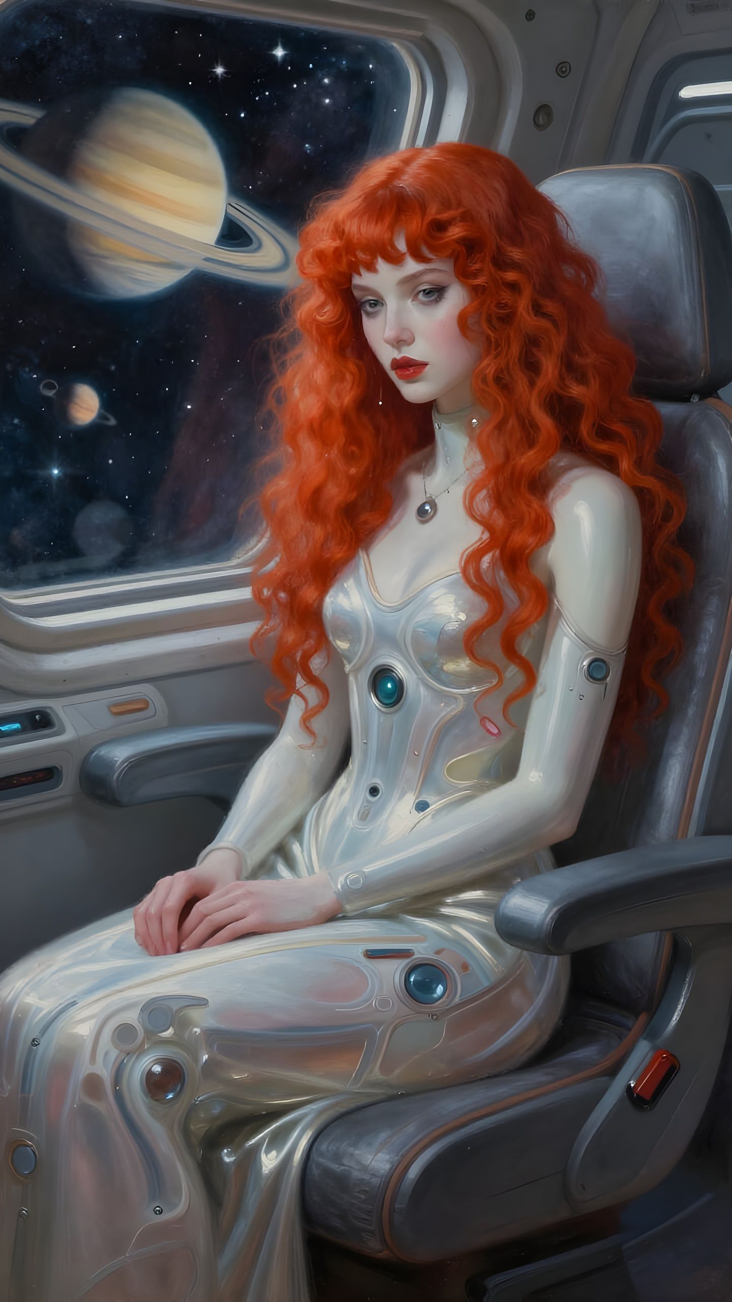 Futuristic Woman in Spaceship, Painterly Sci-Fi Style