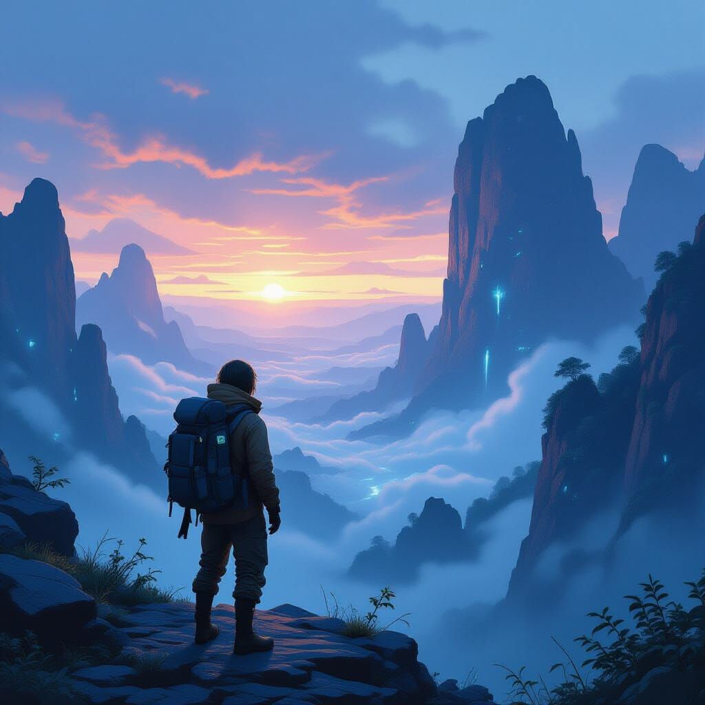 Explorer Gazing at Bioluminescent Alien Landscape