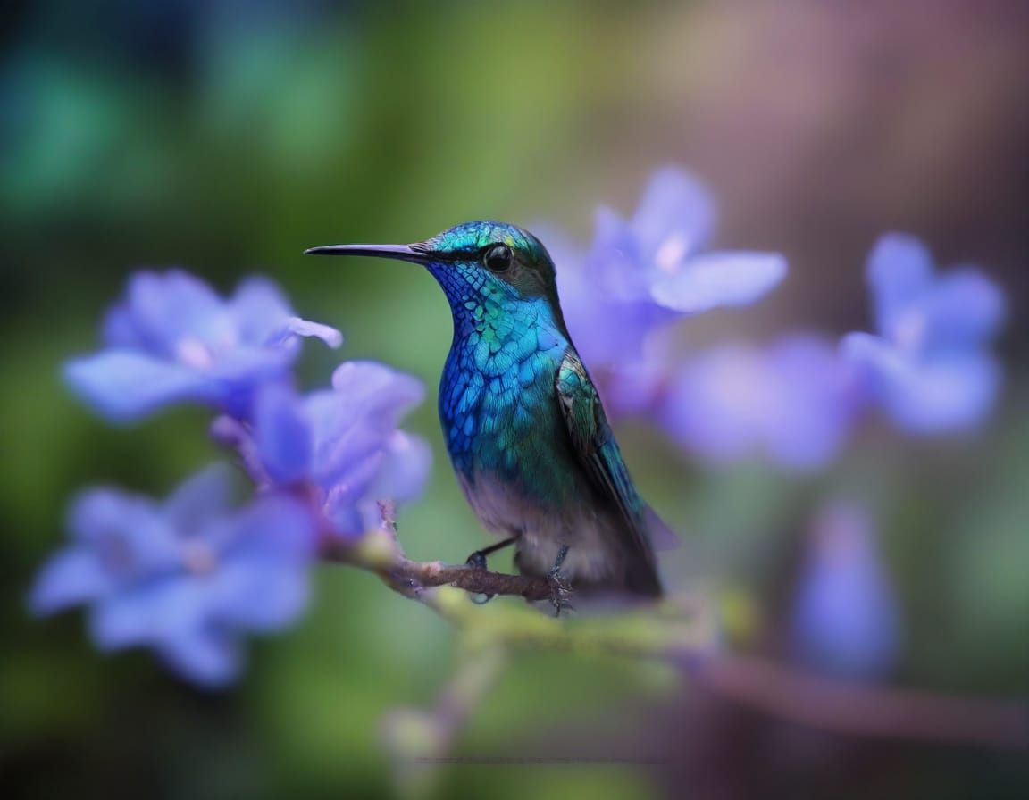 Ethereal Blue Flowers and Hummingbird in Dreamlike Evening L...
