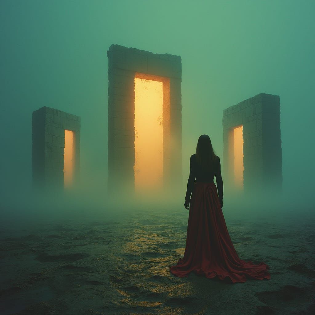 Mysterious Woman and Floating Doors in Dreamscape