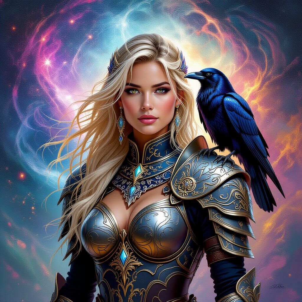 Blonde Warrior with Raven in Cosmic Astral Scene
