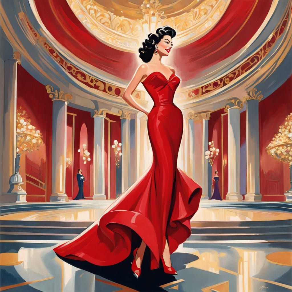 Ava Gardner Caricature in Red Gown, Impressionistic Style