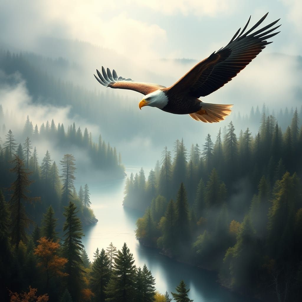 Bald Eagle Soaring Above Misty Forest Landscape