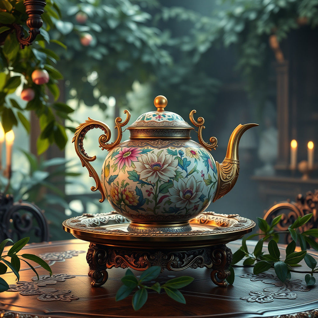 Ornate Porcelain Tea Kettle with Floral Design