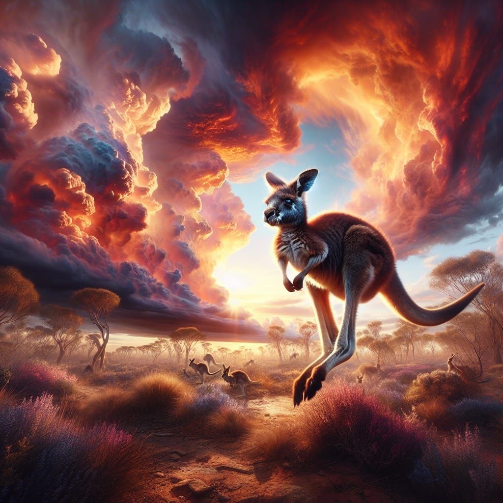 Kangaroo in Outback Sunset: A Bierstadt-esque Painting