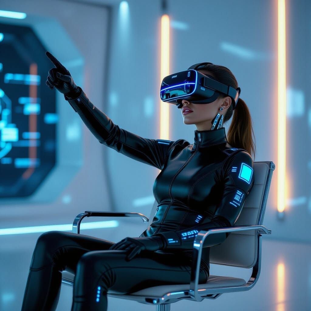 Futuristic Human Sitting on Chair, Pointing Upwards