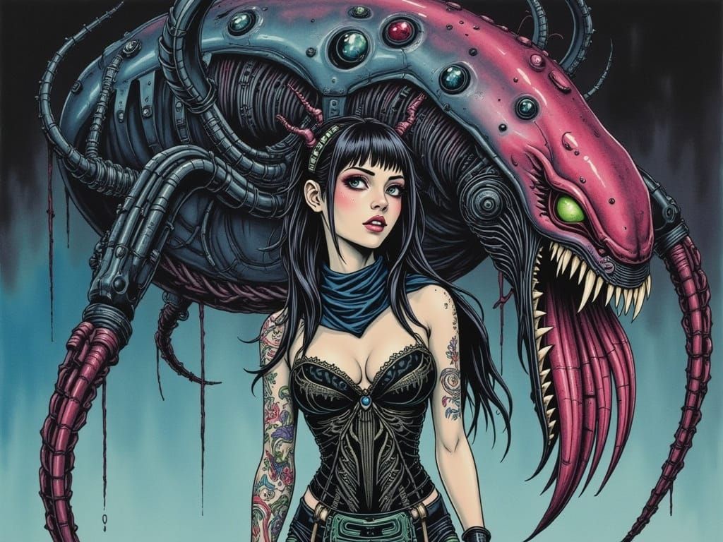 Woman and Biomechanical Kraken in Watercolor Pinup Style