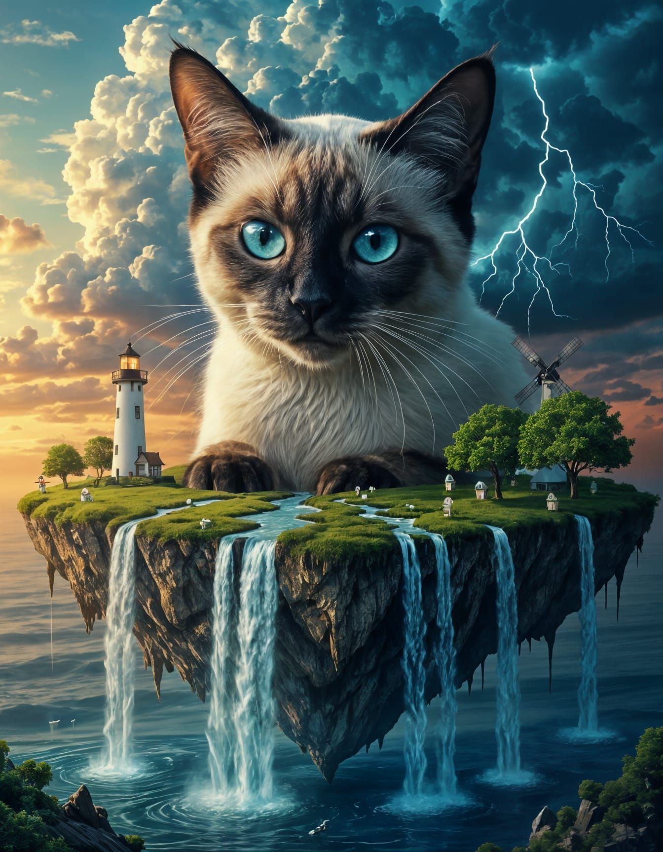 Giant Siamese Cat on Floating Island at Sunset
