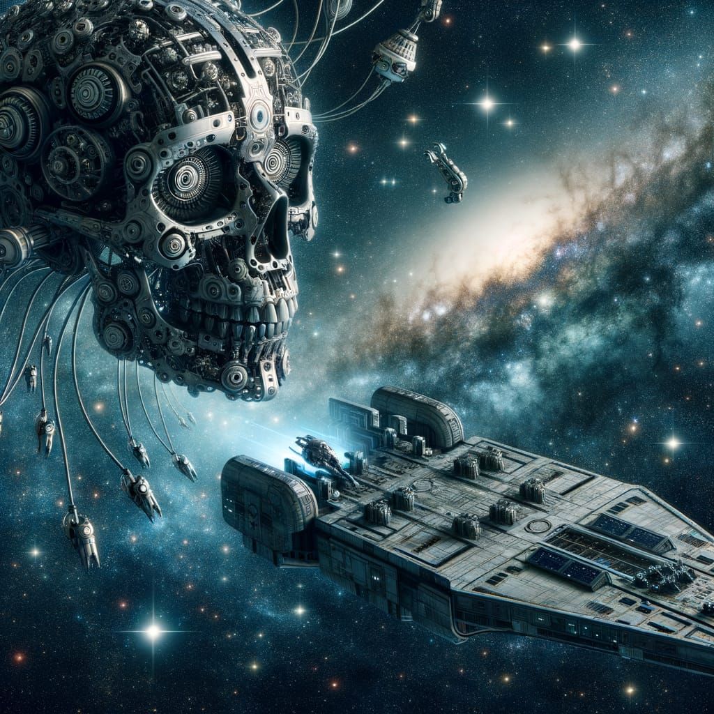 Mechanical Skull Repairs Spaceship in Deep Space