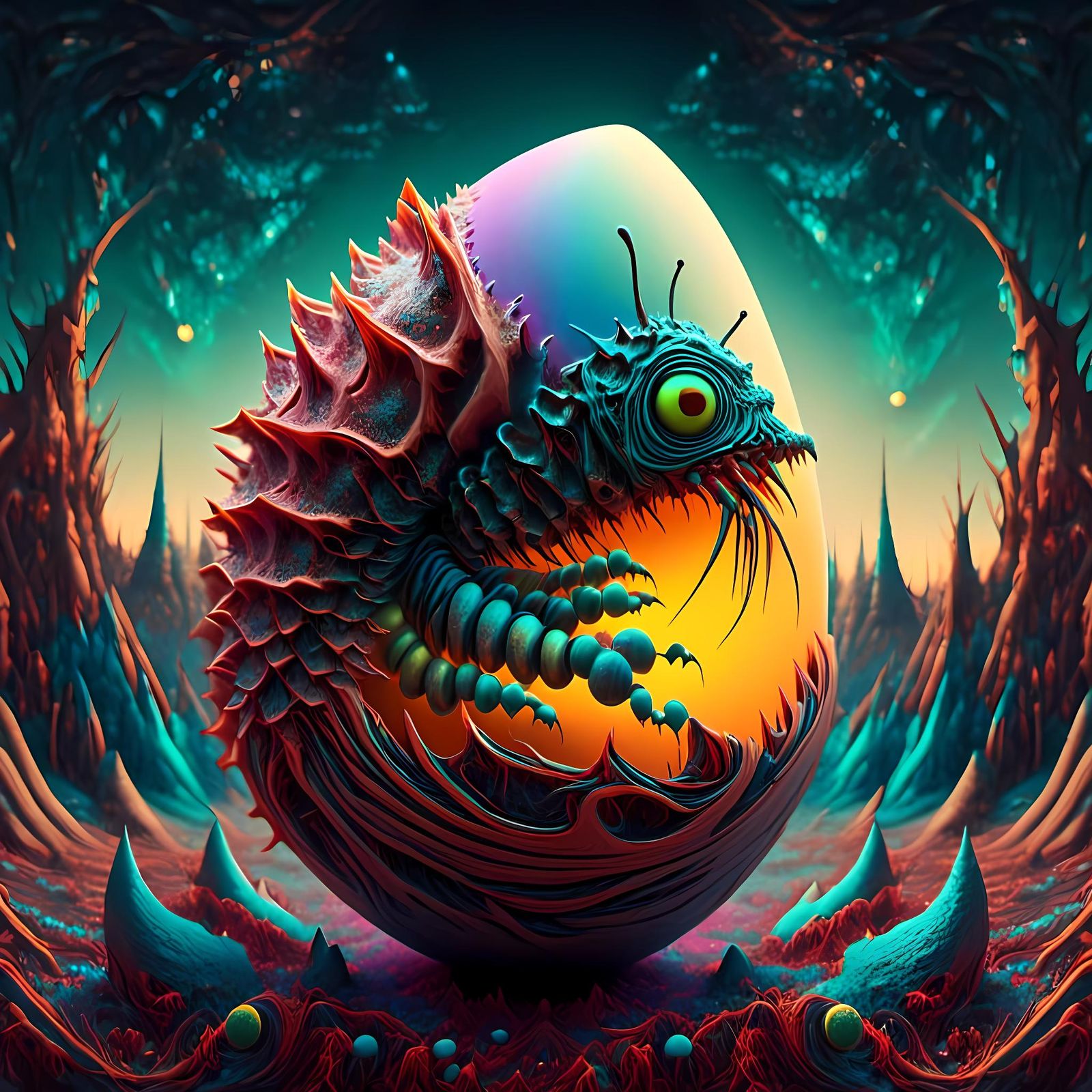 Chromatic Surreal Caterpillar Hatchling in Fractalia Landsca...