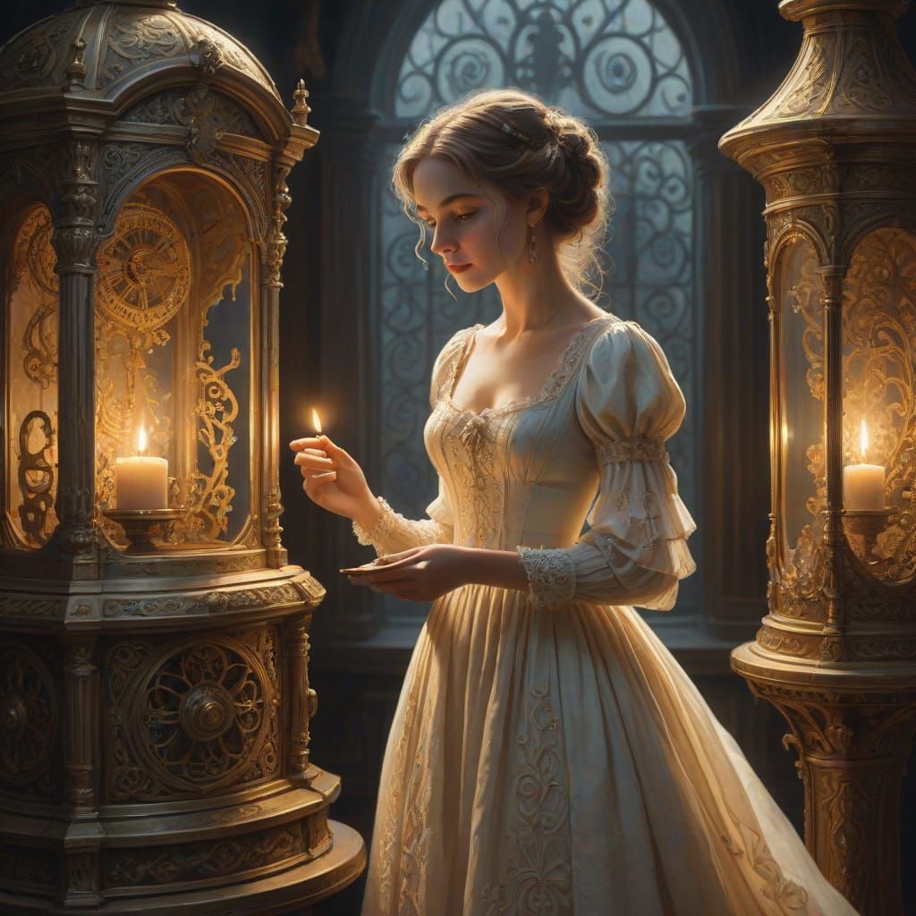 Woman Before Colossal Music Box in Concept Art Style