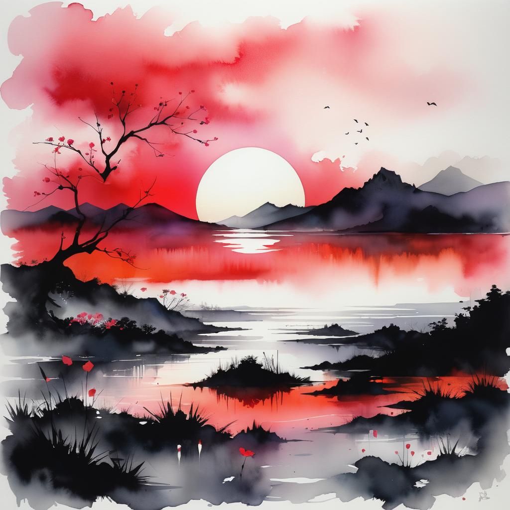 Dreamy Lake Glade at Night in Watercolor Style
