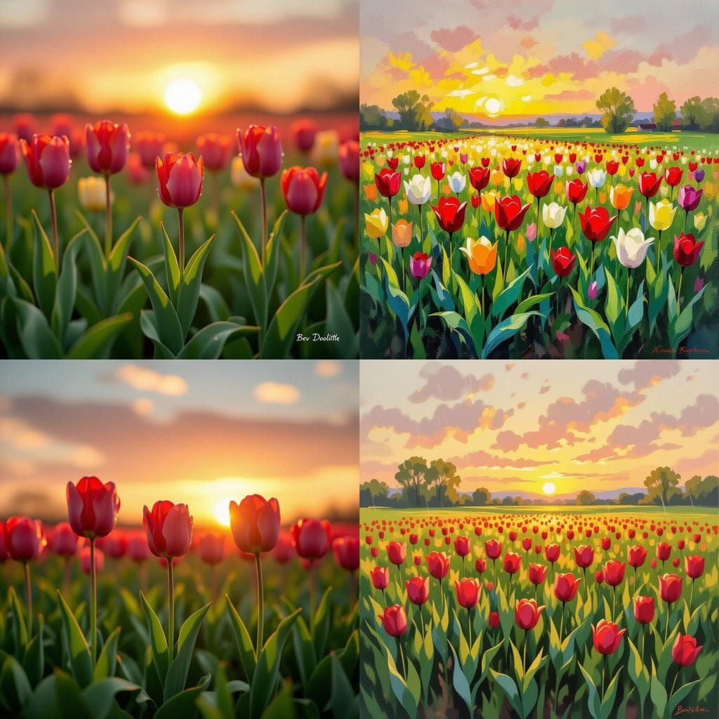 Tulips in a Field at Sunset After Rain