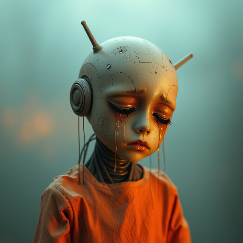 Melancholic Android Weeping Tears in Digital Art