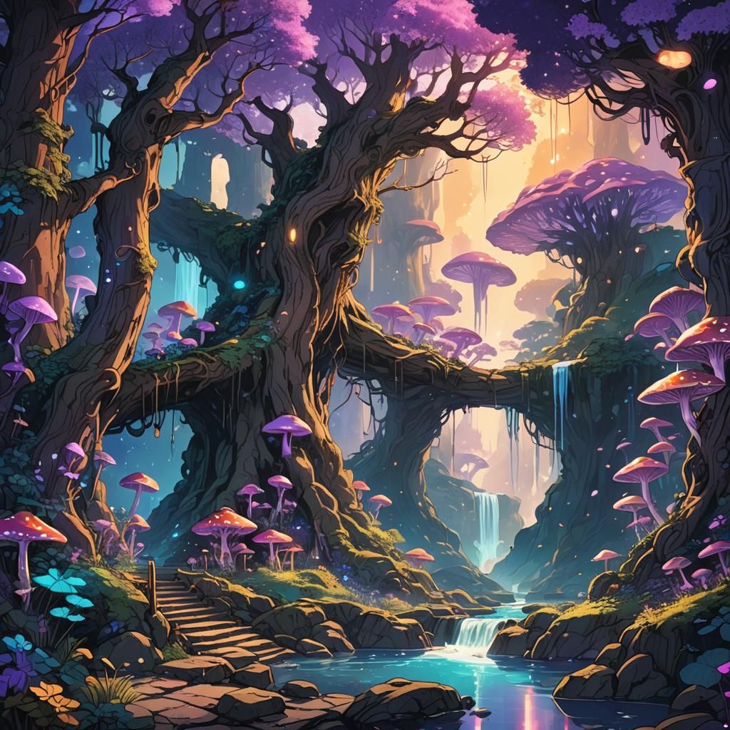 Mystical Mushroom Forest in Vibrant Line Drawing Style