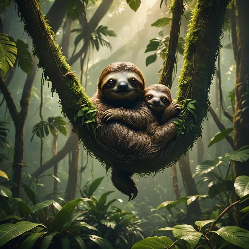 Baby Sloth in Rainforest Canopy: 3D Render