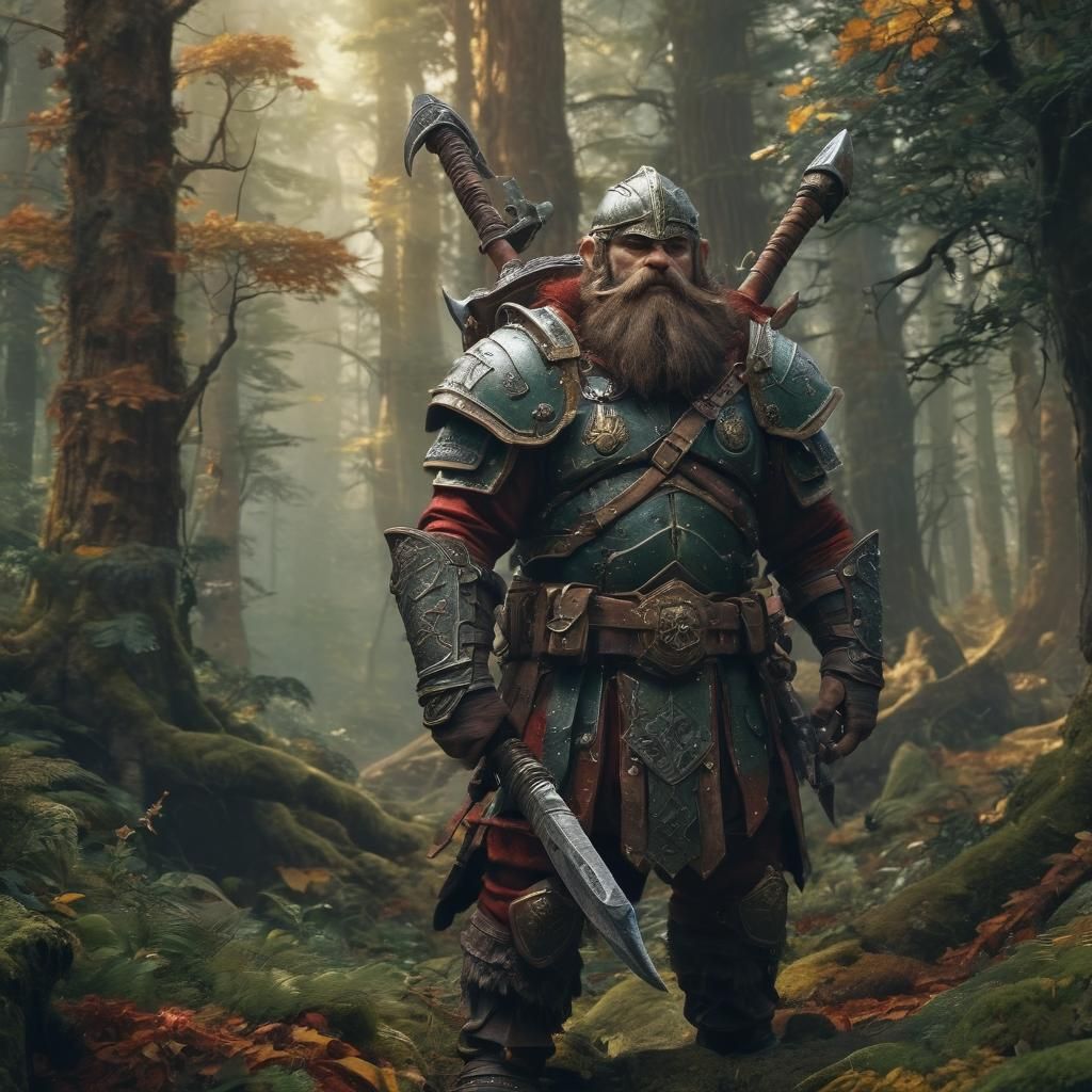 Dwarf Warrior in Mystical Forest, Fantasy Concept Art