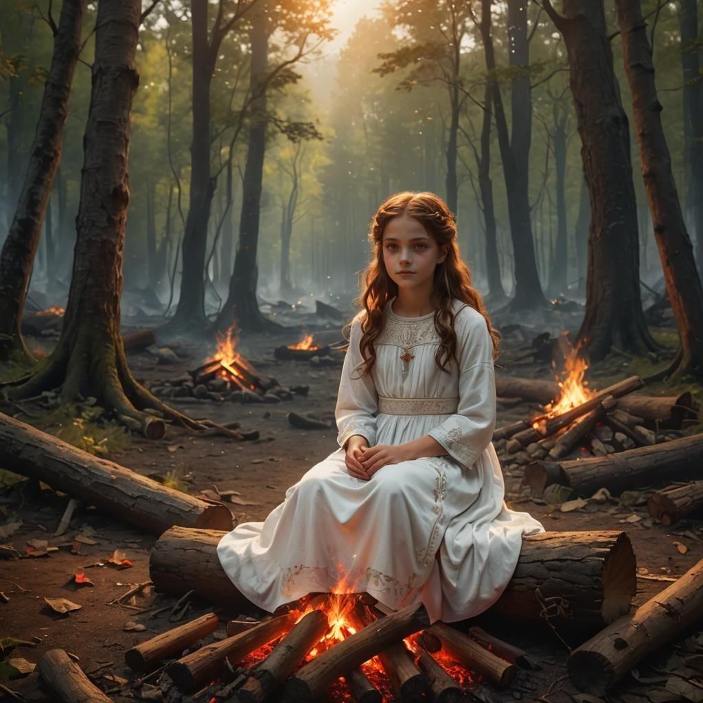 Girl by Campfire in Woods as Fantasy Art
