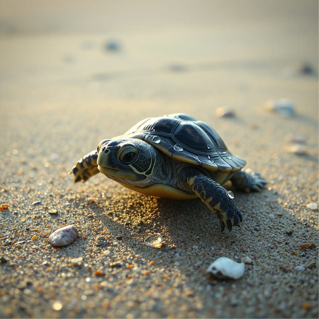 Baby Turtle on Sandy Beach in Digital Painting Style