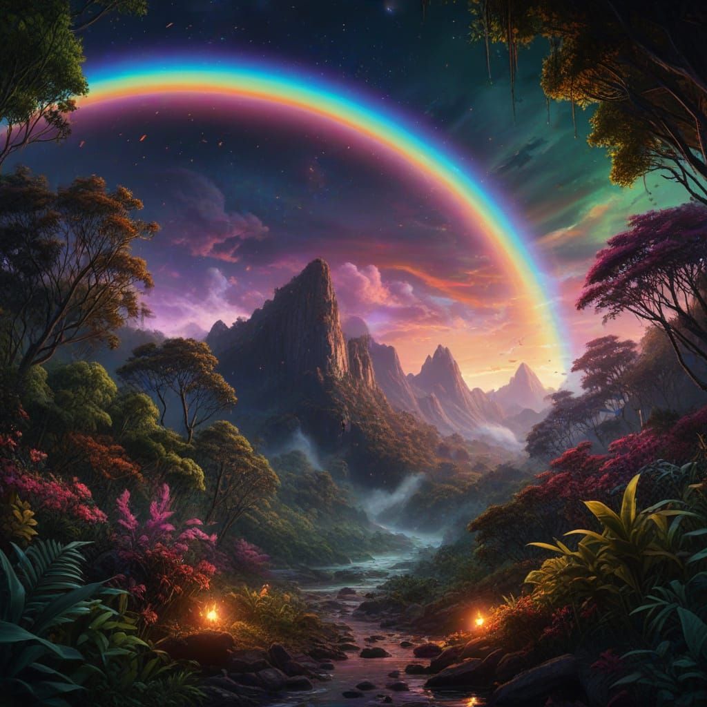 Rainbow Flames Light Jungle Night, Hyperrealistic Digital Ar...