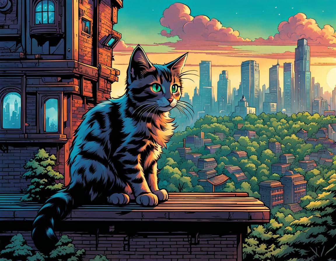 Rooftop Kitten Over Biopunk Forest Metropolis