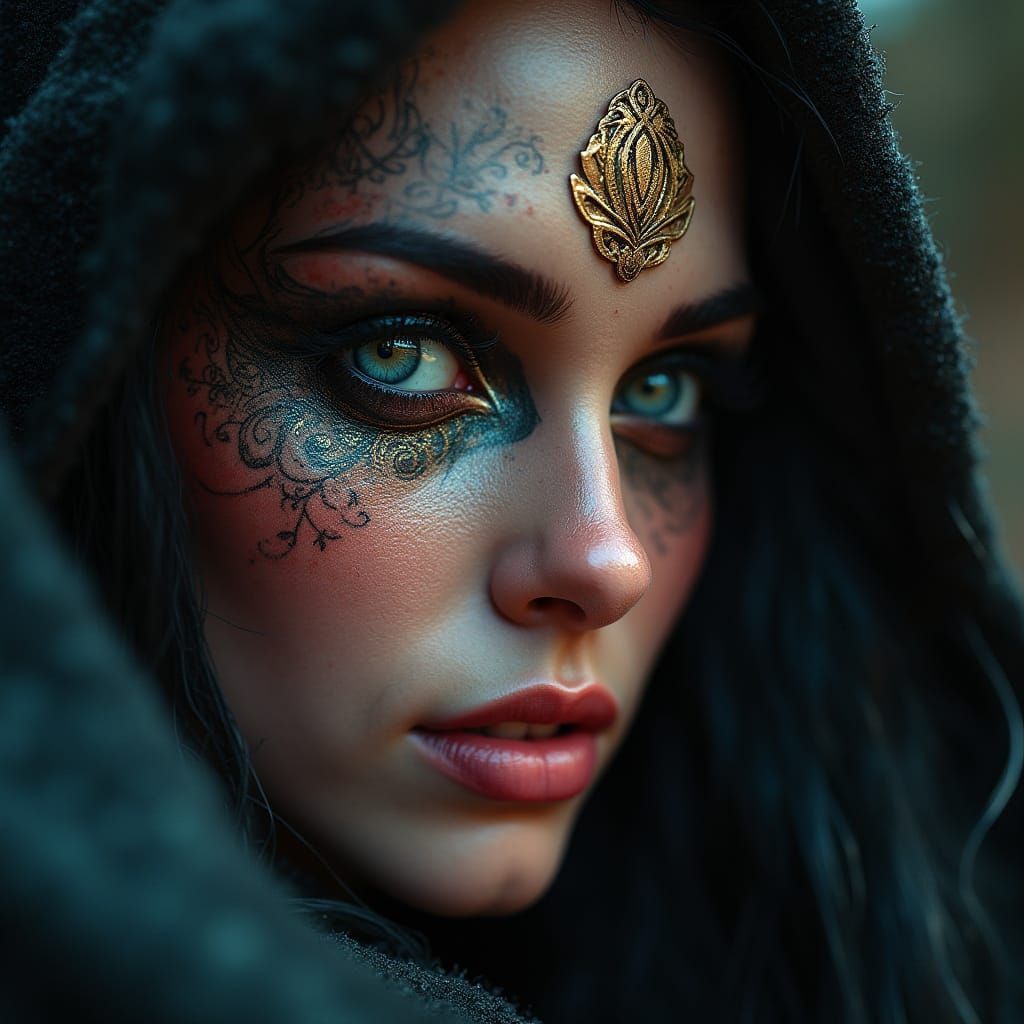 Mysterious Mistress Portrait with Ancient Runes