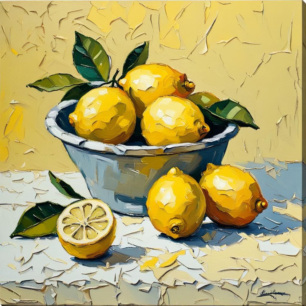 Lemon Still Life with Impasto Palette Knife Texture