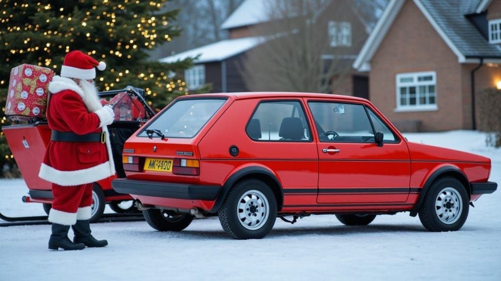 Santa Claus Stands Beside His Vibrant 1983 Volkswagen Golf G...