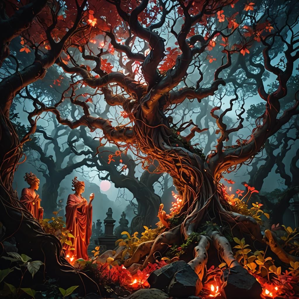 Mystical Garden Illuminated by Red Lightning