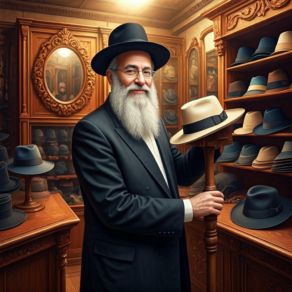 Ultra-Orthodox Man Smiles in Vibrant Hat Shop, Hyperrealisti...