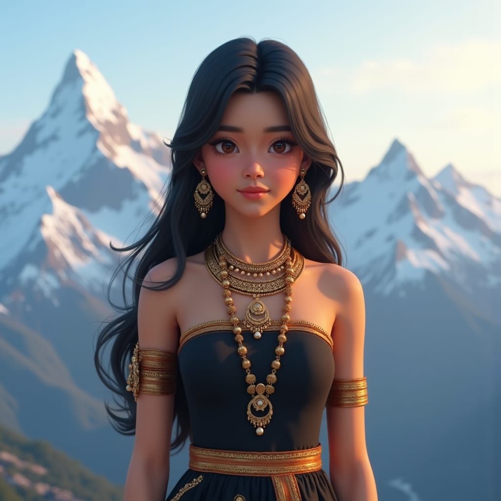 Nepali Girl in Traditional Dress with Mountain Backdrop