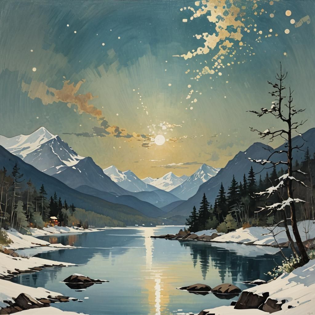 Winter Moonshine on Mountain Lake as Homer Painting