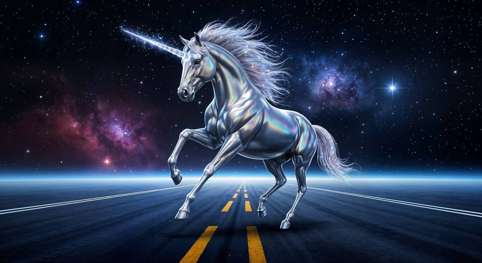 Chrome Unicorn Gallops Through Cosmic Nebula