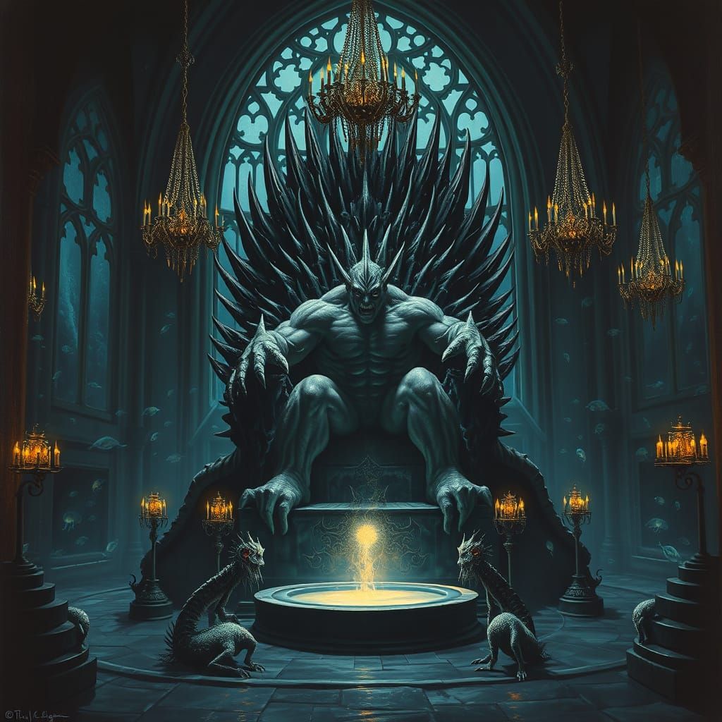 Monstrous Brute on Spiky Throne in Gothic Underwater Realm