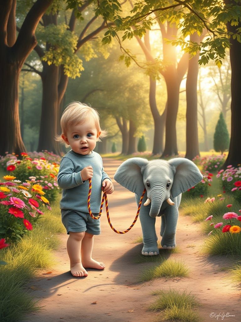 Cute Baby and Baby Elephant in Lush Park