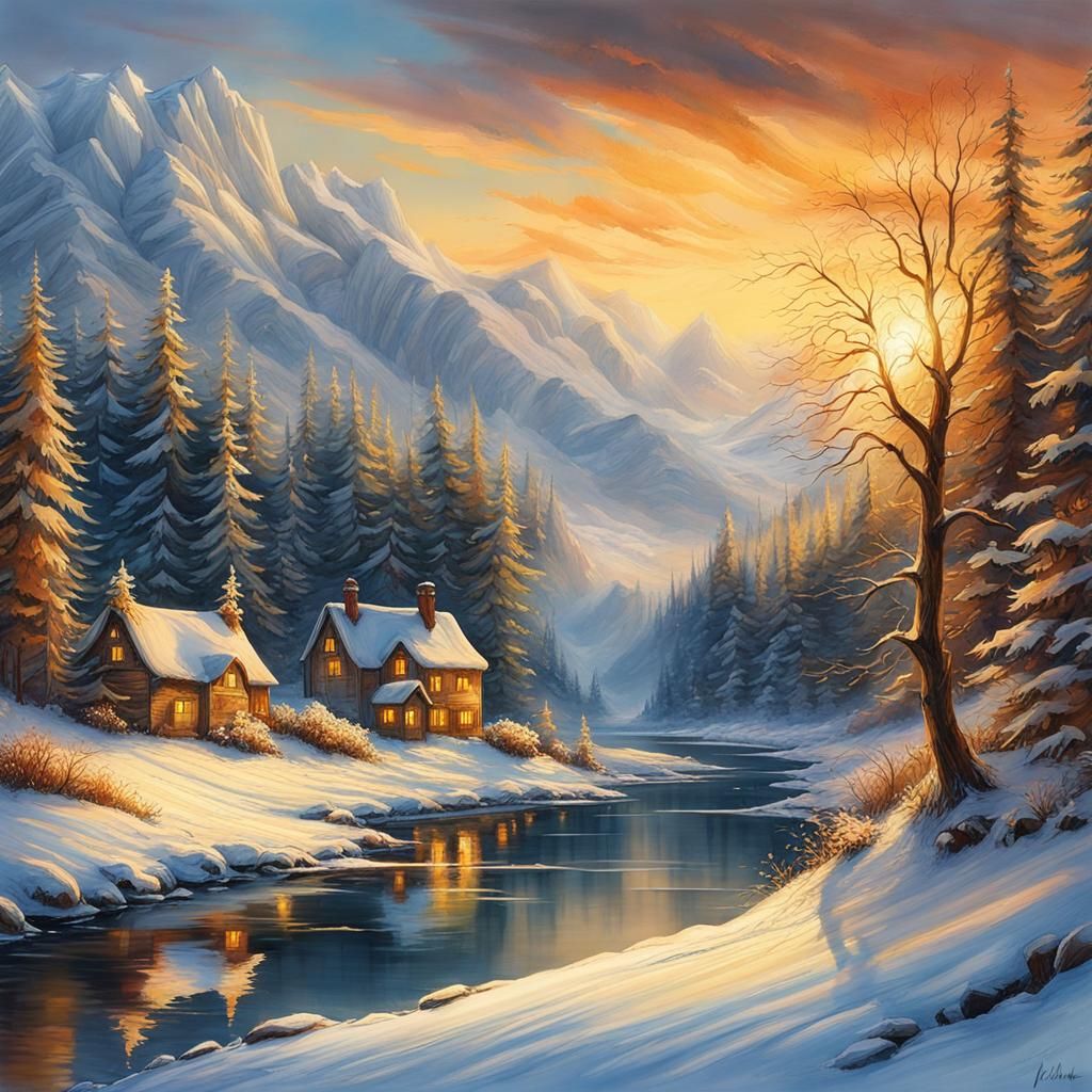 Winter Riverscape Watercolor Painting by Waterhouse