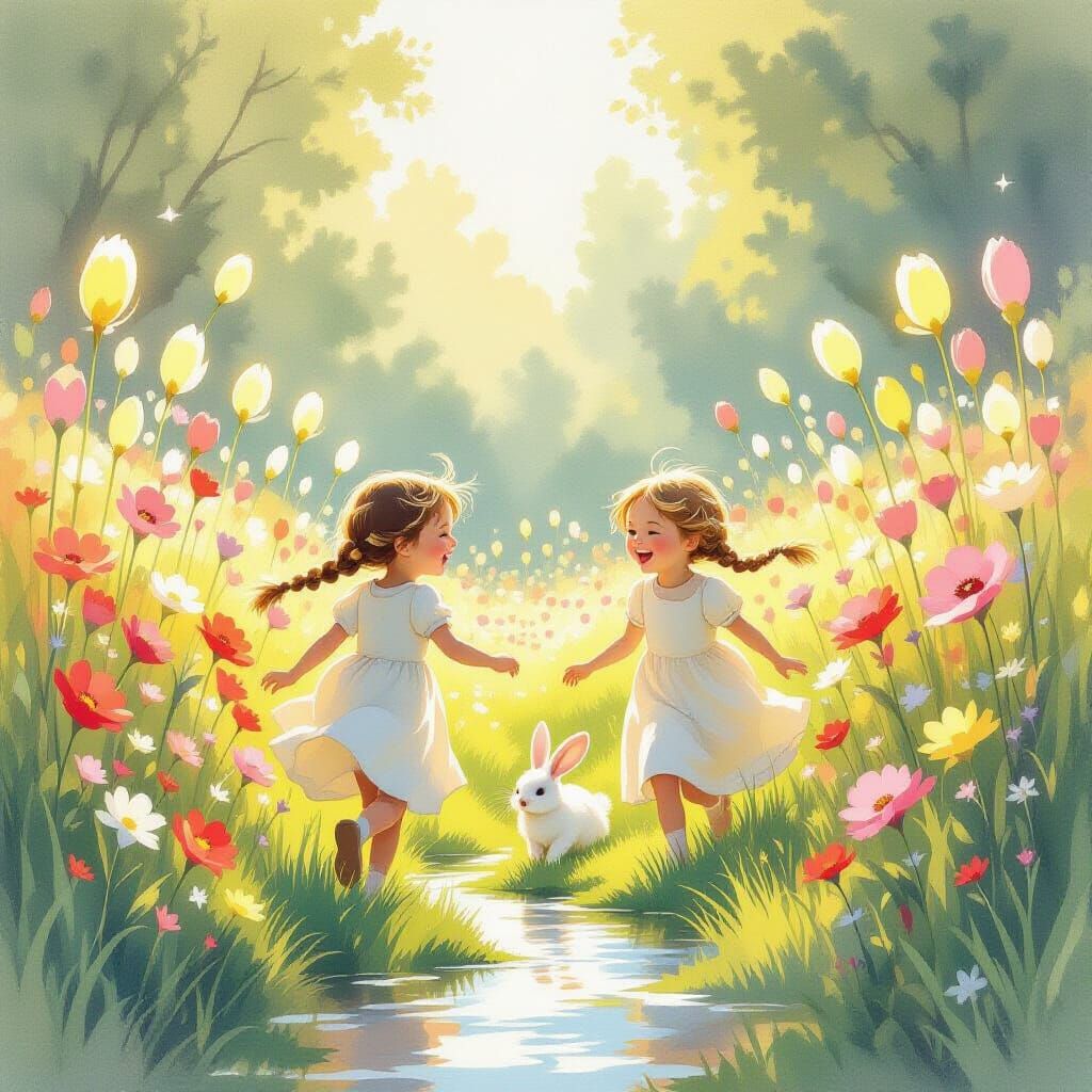 Whimsical Meadow with Glowing Flowers and Twin Girls