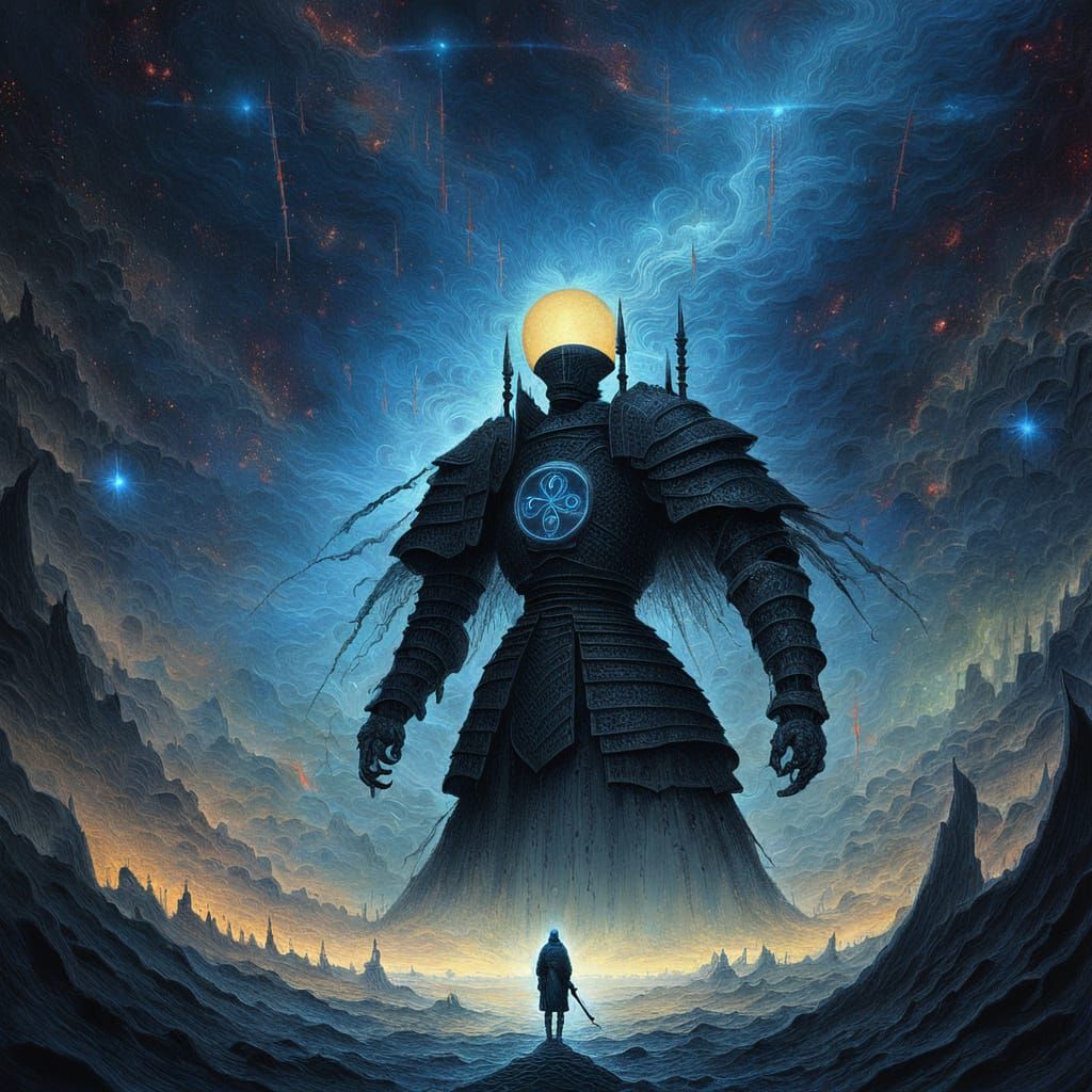 Samurai on Shattered Moon Under Cosmic Nebula